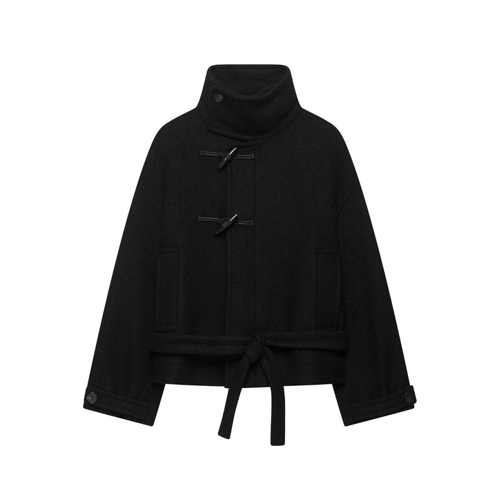 Ladies Boxy Cape Jacket in wool look with high collar band and toggle fastenings Drune