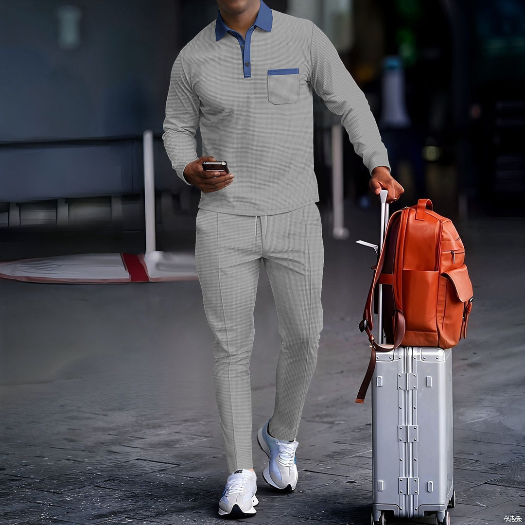 Men's travel set made of structured jersey with long sleeve polo shirt, chest pocket, and slim fit drawstring pants Mune Fashion