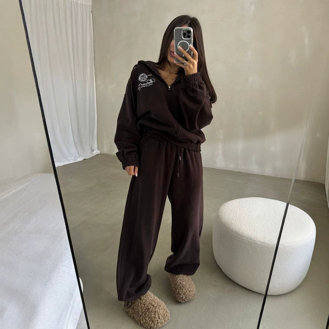 Women's Soft Oversized Hoodie Sweat Jacket Set with Wide Jogging Pants Mune Fashion