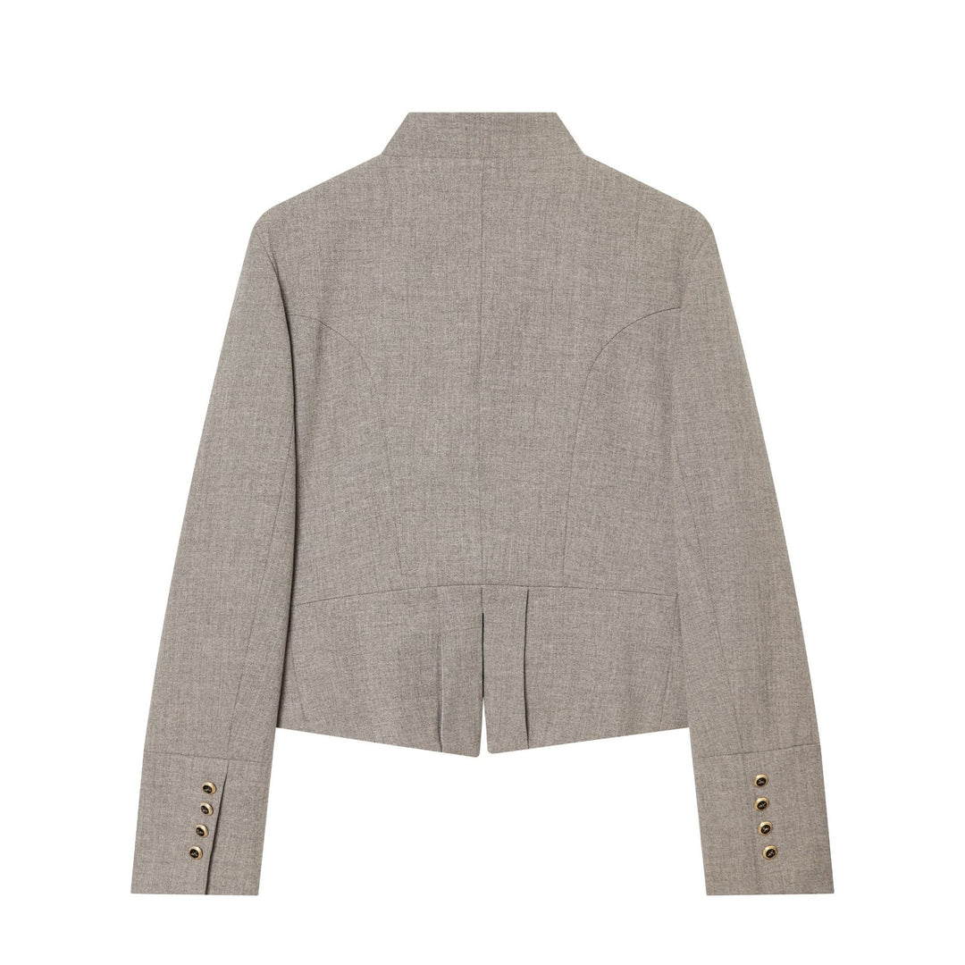 Women's short fitted blazer jacket with stand-up collar, concealed zip and decorative buttons Mune Fashion