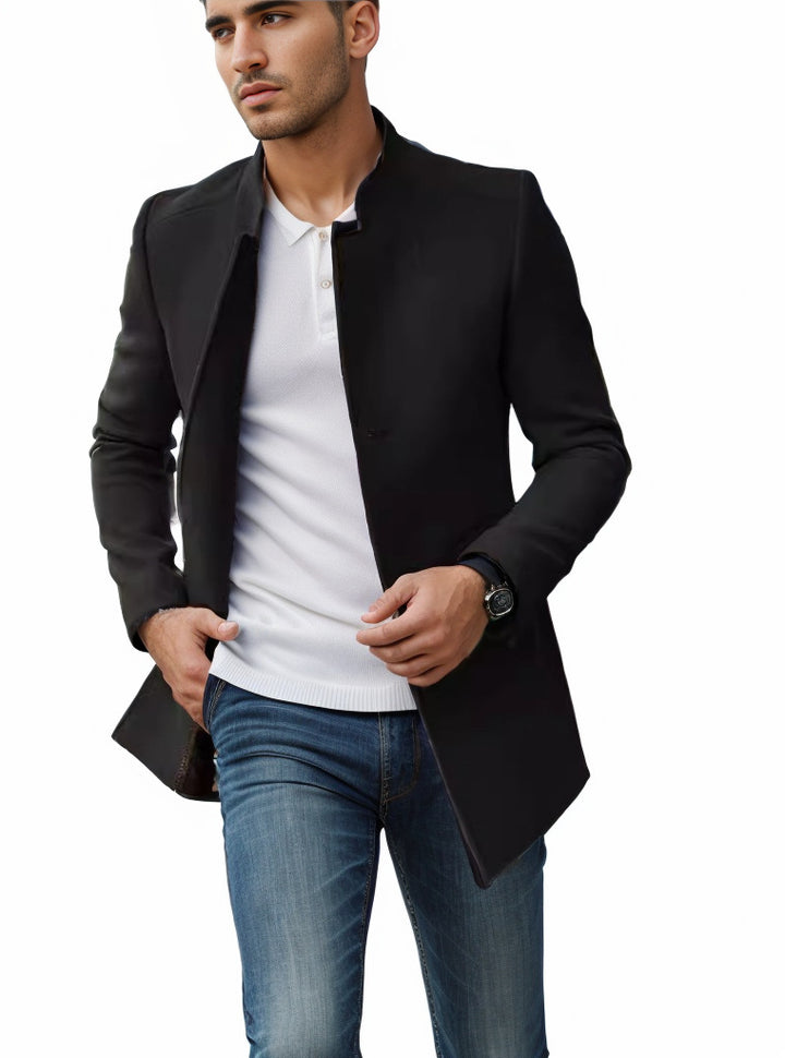 Men's Stand-Up Collar Longline Coat in Slim Fit with Hidden Button Placket Mune Fashion
