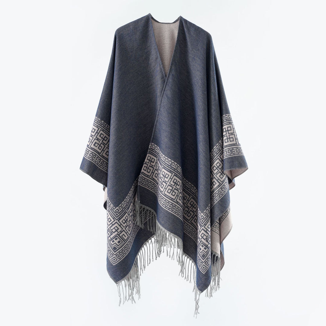 Women's Reversible Wool Blend Kimono Style Wrap with Ornamental Border and Decorative Fringes