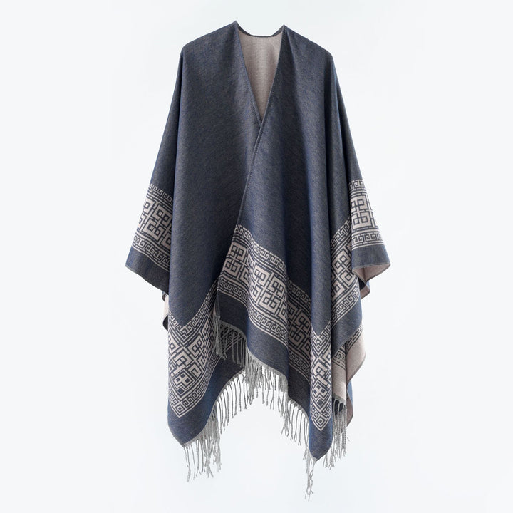 Women's Reversible Wool Blend Kimono Style Wrap with Ornamental Border and Decorative Fringes
