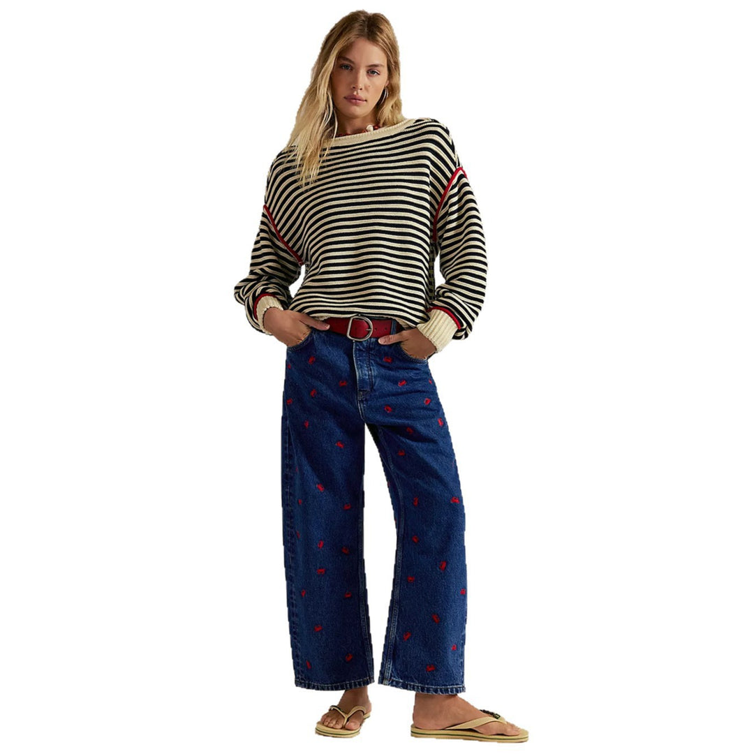 Women's Oversized Striped Knit Sweater with Wide Cut, Cuffs & Contrasting Piping Mune Fashion