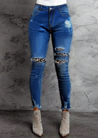 Women Stretch Skinny Jeans with High Waist, Knee Ripped Details and Leo Underlay Mune Fashion