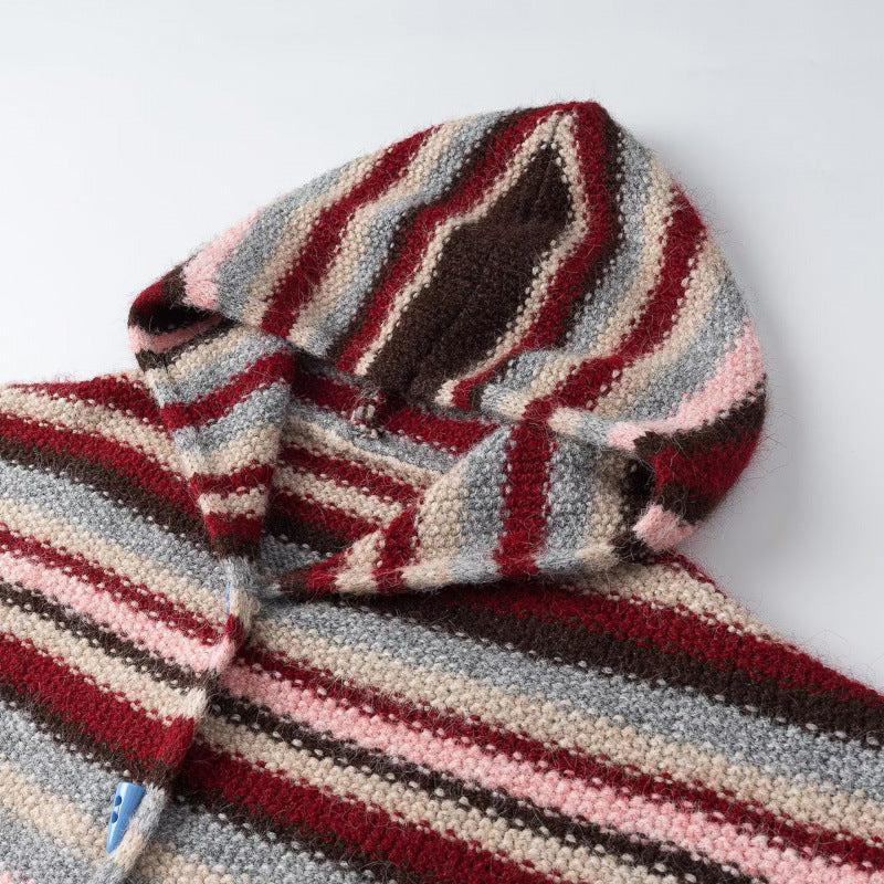 Women's Striped Hooded Cardigan made of fluffy Mohair blend with triangle buttons Mune Fashion