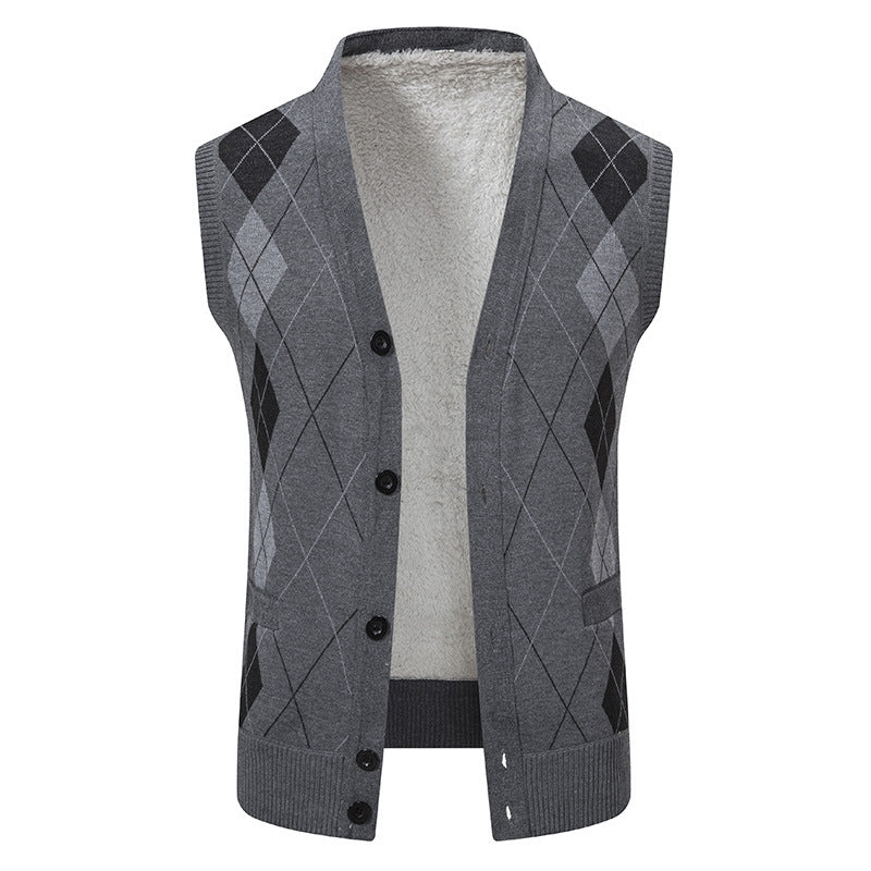 Men's sleeveless knitted vest with argyle pattern, teddy lining, and full button placket Mune Fashion