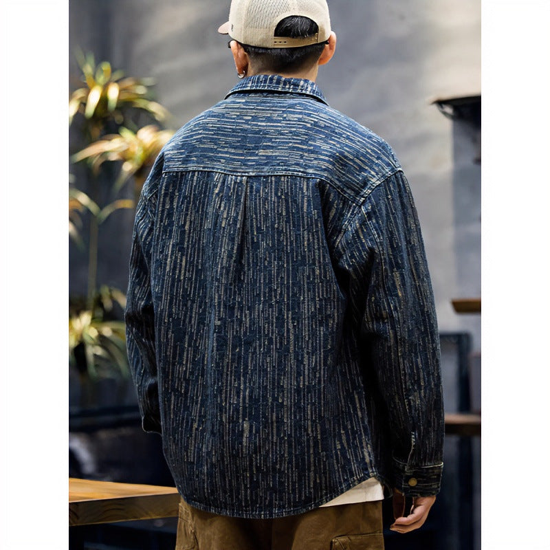 Men's denim overshirt with vertical textured pattern and snap button placket Mune Fashion