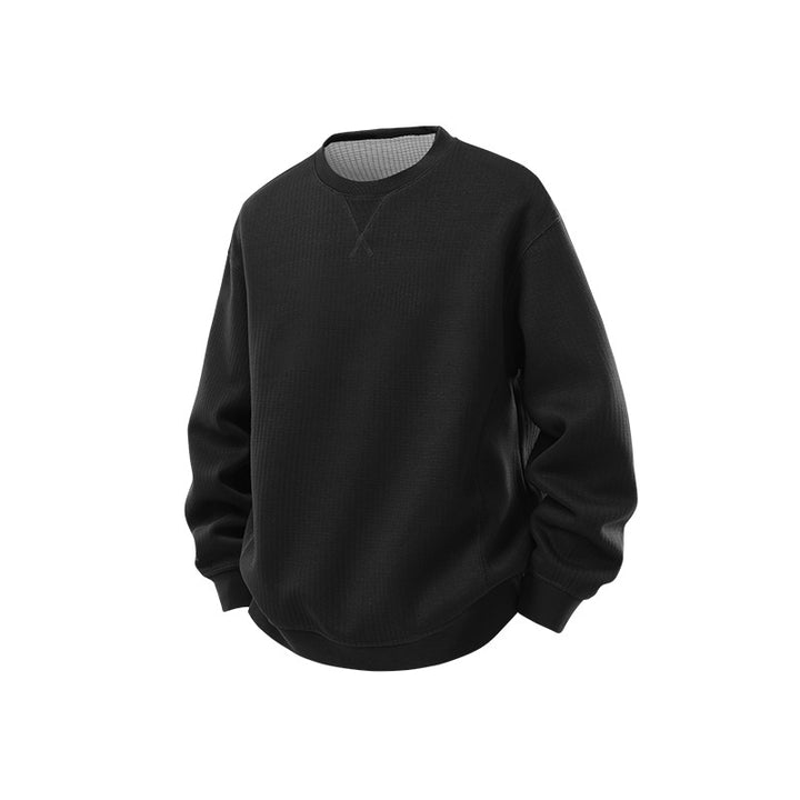 Men's Oversize Waffle Knit Sweatshirt with Round Neck, Extended Back Hem and Ribbed Cuffs Mune Fashion