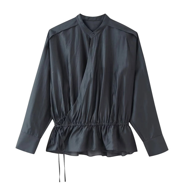 Women's wrap blouse with stand-up collar, waist-cinching drawstring and peplum hem Mune Fashion