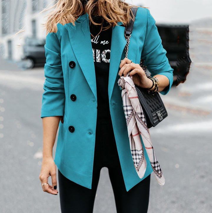 Women nan tailored long blazer with double-breasted button placket, lapel collar and patch pockets Mune Fashion