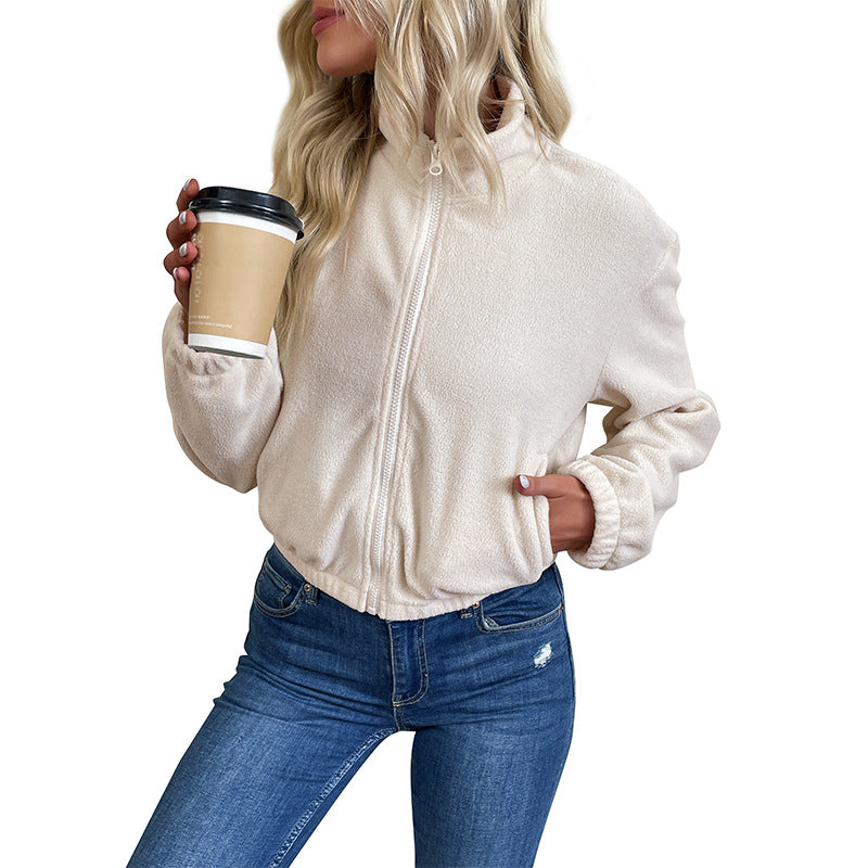 Ladies short-cut fleece zip jacket with stand-up collar and elastic hem Mune Fashion