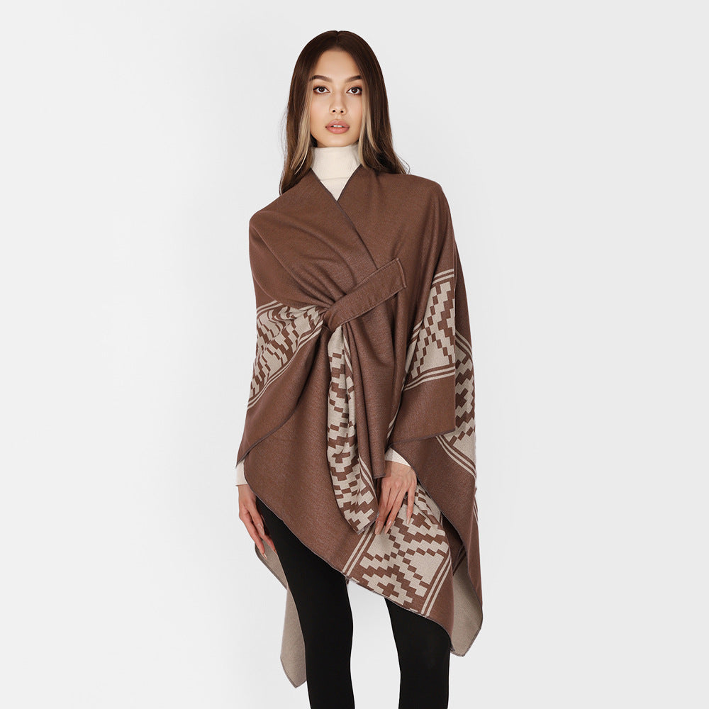 Women's Jacquard Ruana with TIE BELT and geometric pattern Mune Fashion