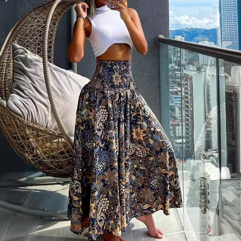 Women’s Maxi Skirt with High Smock Waist and Wide Boho Print Mune Fashion