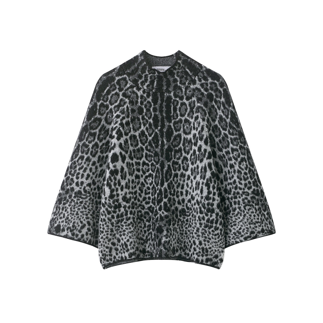 Women Cape-Poncho with Leopard Jacquard and Stand-up Collar Mune Fashion