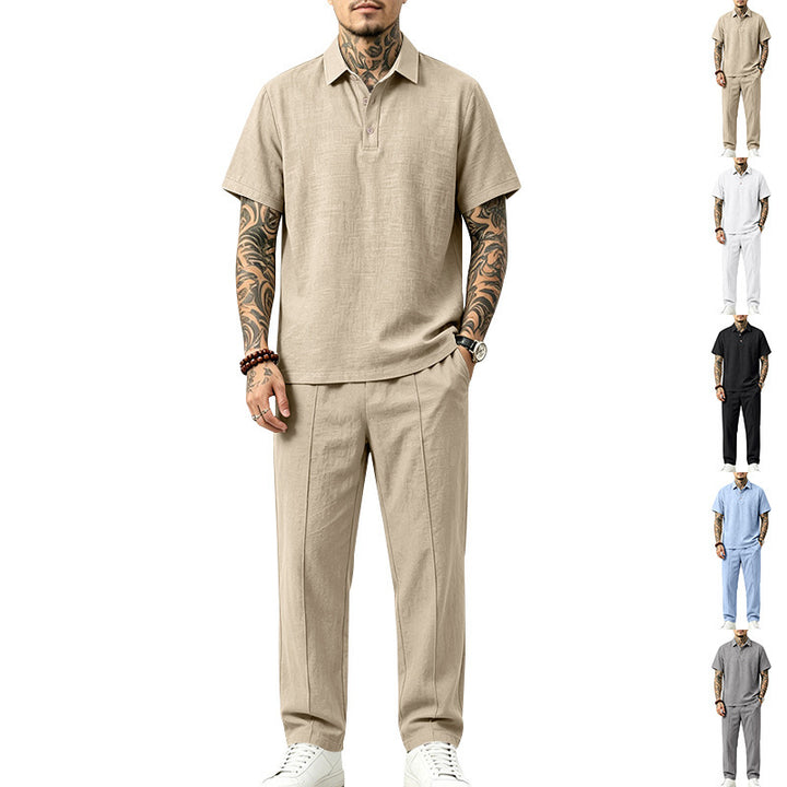 Men's Lightweight Linen Look Loungewear Set with Polo Collar and Pleats Mune Fashion