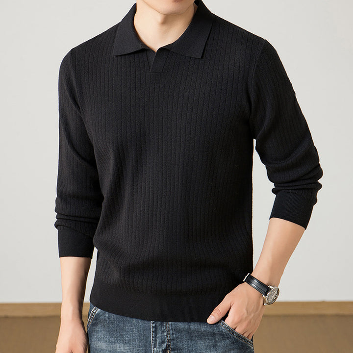 Men's polo collar fine knit sweater with ribbed texture and slim silhouette Mune Fashion
