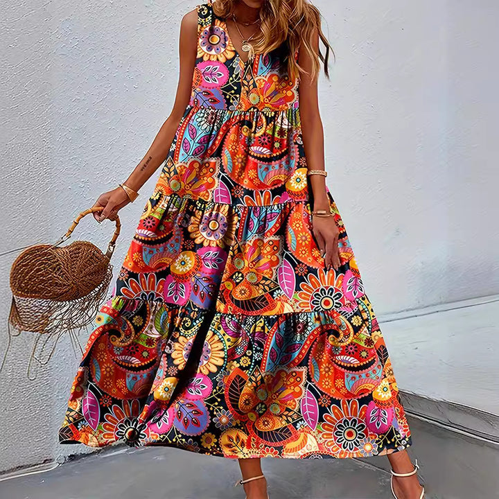 Women's layered Boho maxi dress with V-neck and gathered underbust seam Mune Fashion