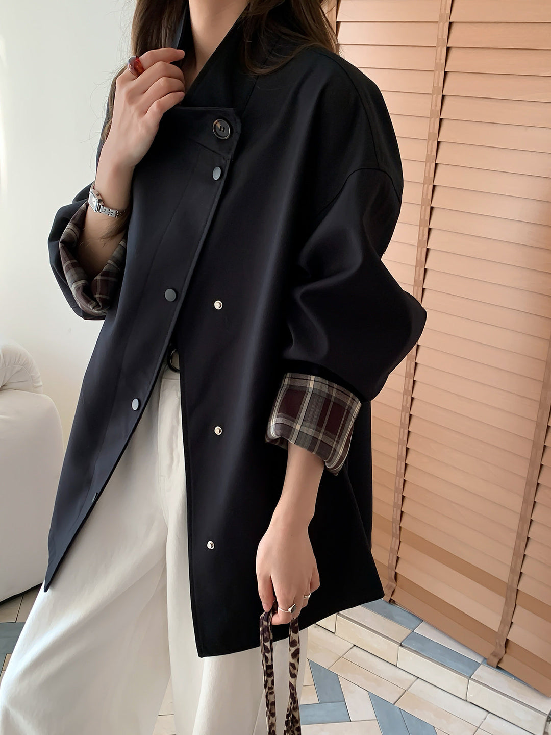 Women's Oversized Short Jacket with Snap Placket and Checked Sleeve Cuff Mune Fashion