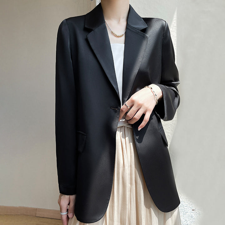 Women Slightly Tailored Long Blazer with Button Closure and Flap Pockets Mune Fashion