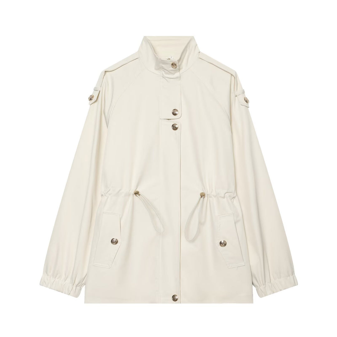 Women's lightweight parka with stand-up collar, drawstring waist, and shoulder patches Mune Fashion