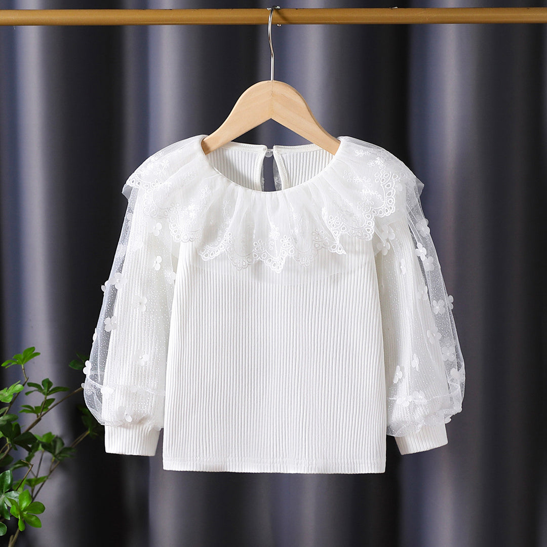Ladies blouse with romantic tulle collar and floral embroidery Mune Fashion