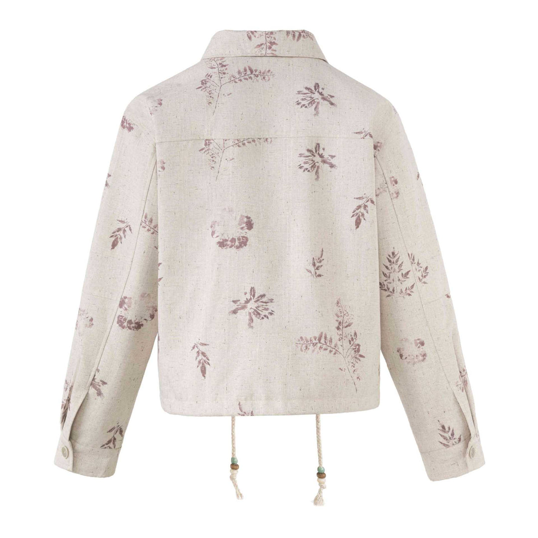 Women's Short Floral Linen Blouson with Drawstring, Concealed Button Placket and Shirt Collar Mune Fashion