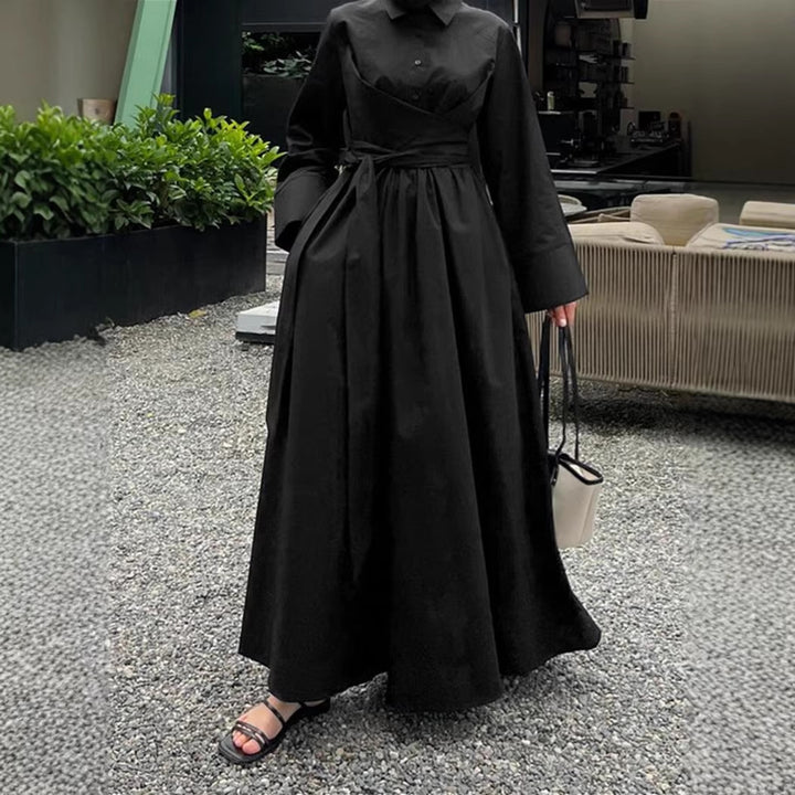 Women's maxi dress in shirt blouse style with waist wrap, wide flared skirt and wide cuffs Drune