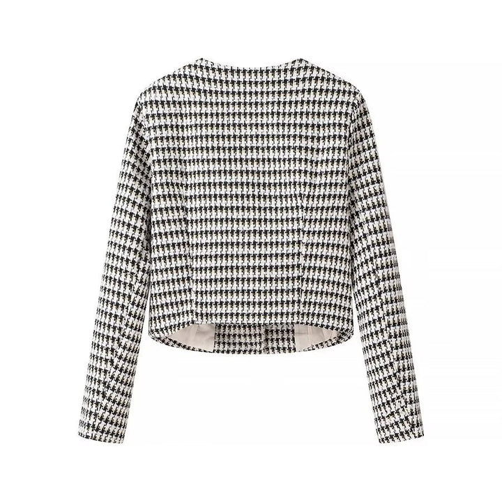 Women Tailored Boucle Short Blazer with Houndstooth Pattern and Decorative Buttons Mune Fashion