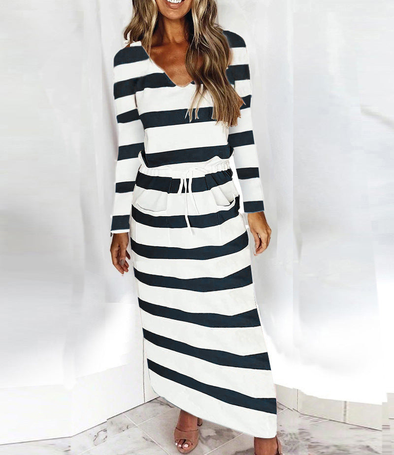Women's Casual-Elegant Maxi Knit Dress with V-Neck, Drawstring and Side Pockets Mune Fashion