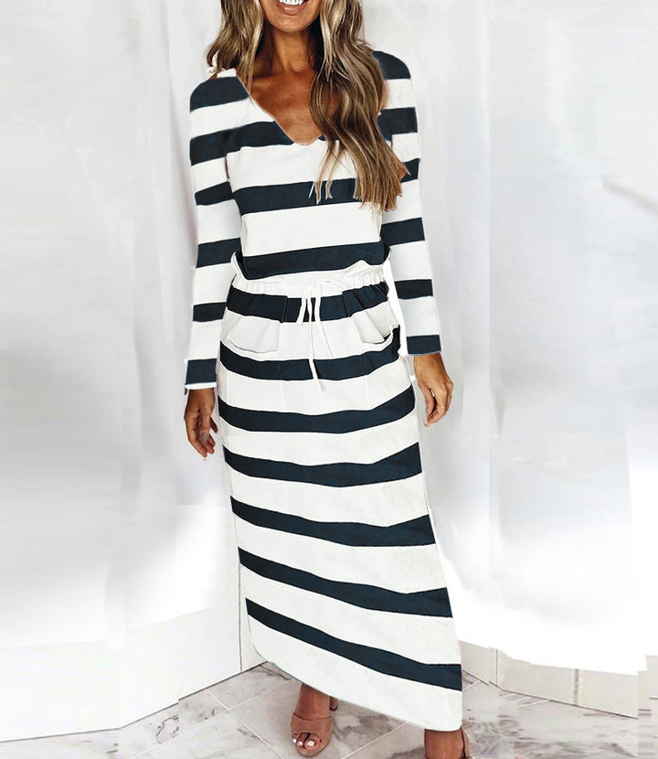 Women's Casual-Elegant Maxi Knit Dress with V-Neck, Drawstring and Side Pockets Mune Fashion