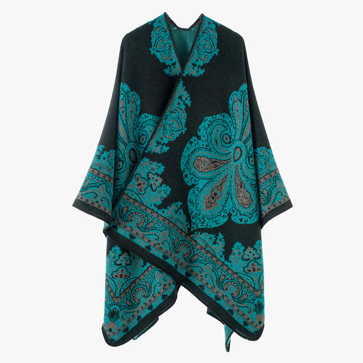 Women Oversize-Oriental Jacquard Cover-Up with Paisley Medallion and Decorative Stitch Mune Fashion