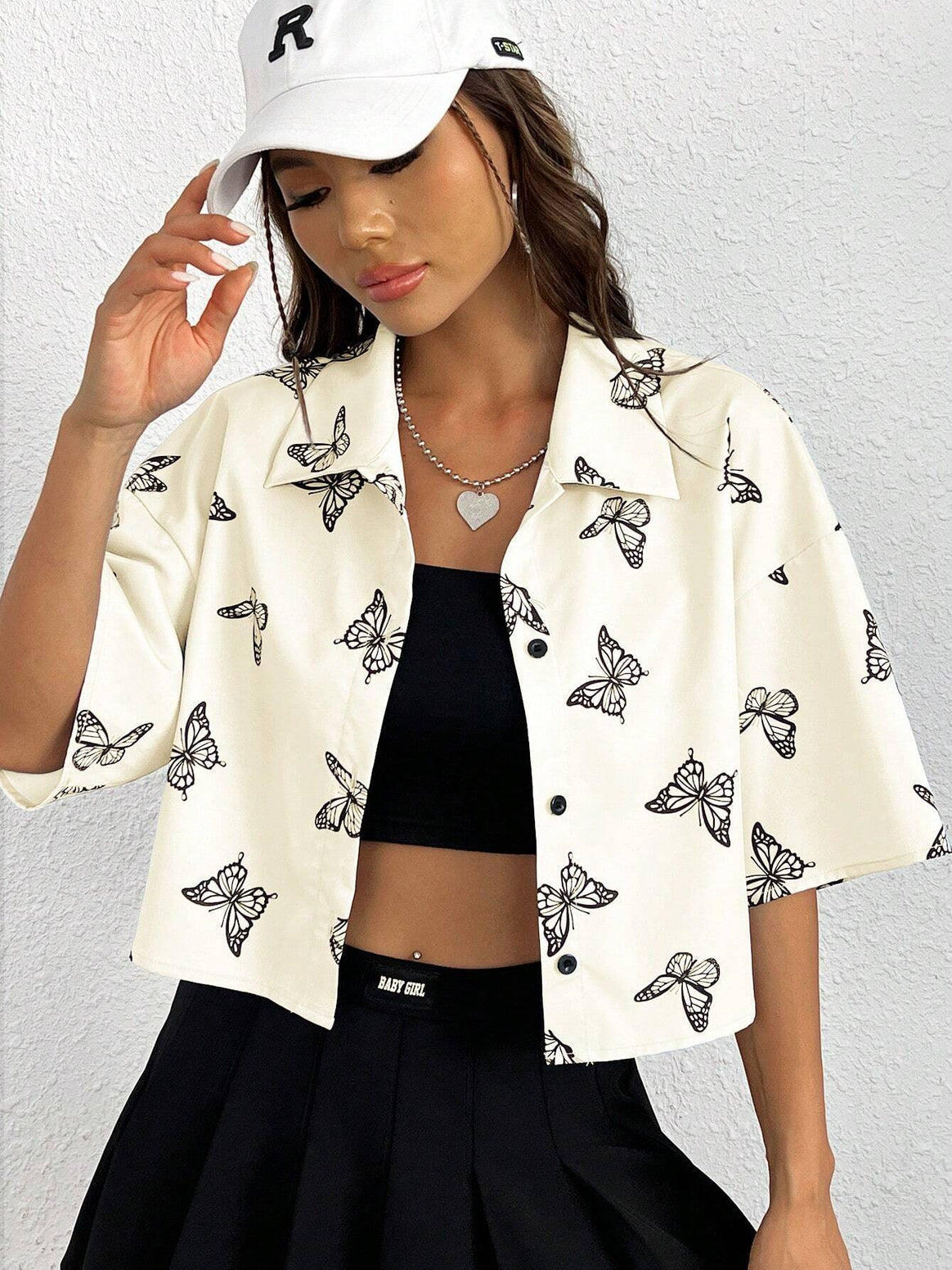 Women's Short Cropped Boxy Shirt Blouse with Butterfly Print Drune