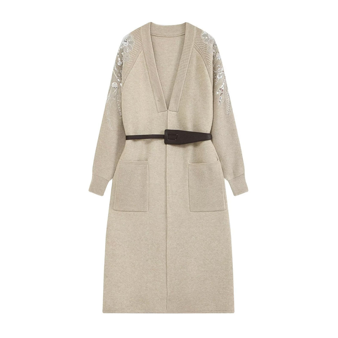 Women's Long Knitted Coat with Waist Belt and Embroidered Sleeves Mune Fashion