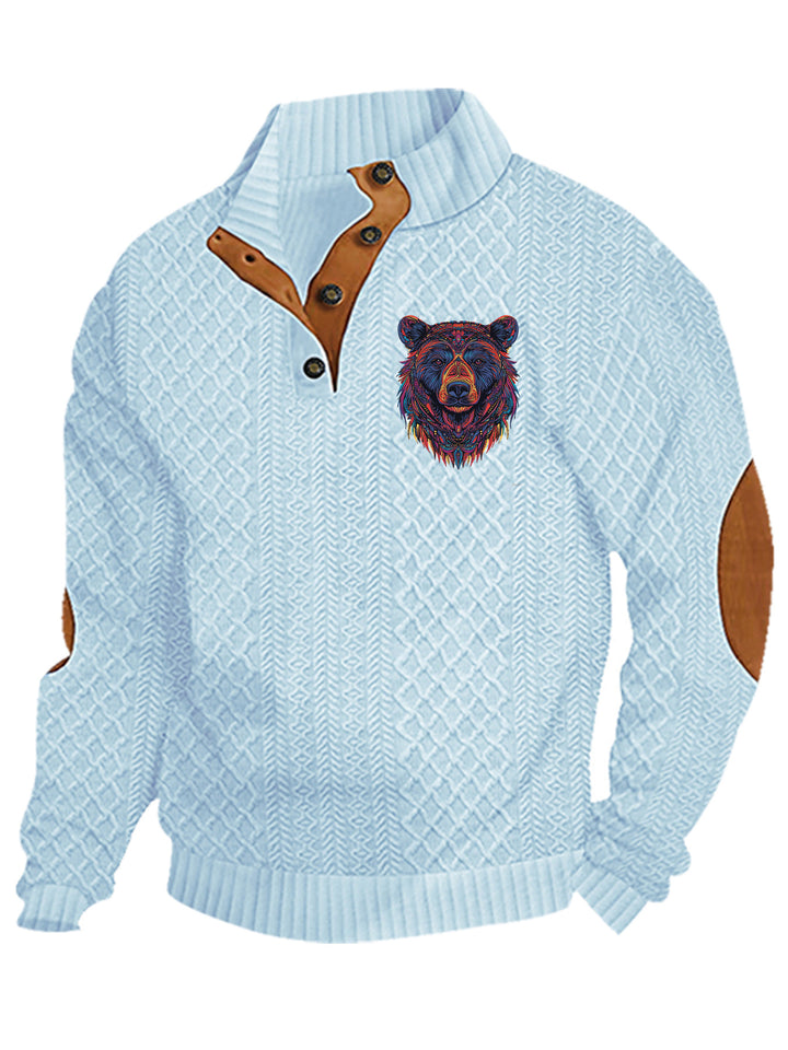 Men's nan Heritage textured pullover with stand-up collar faux leather trim elbow patches and half-button placket Mune Fashion
