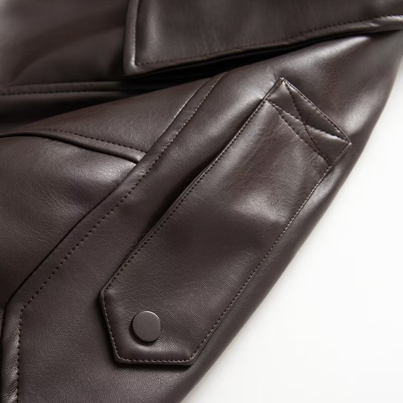 Women's Oversized Faux Leather Bomber Jacket with Utility Pockets, High Collar and Elastic Hem Mune Fashion