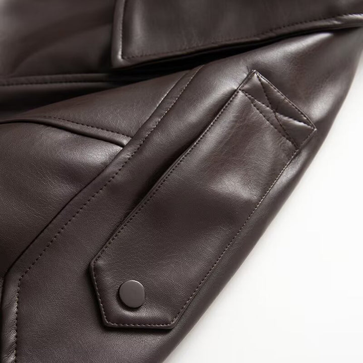 Women's Oversized Faux Leather Bomber Jacket with Utility Pockets, High Collar and Elastic Hem Mune Fashion