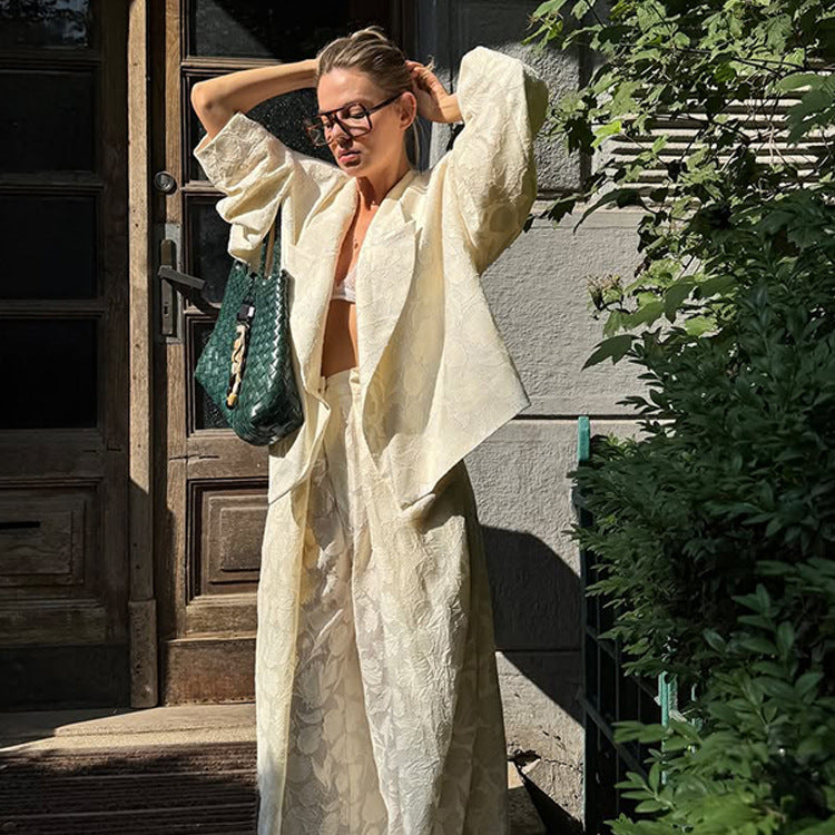 Women Two-Piece Jacquard Pants Set with Oversized Boxy Blazer and High-Cut Palazzo Pants Mune Fashion