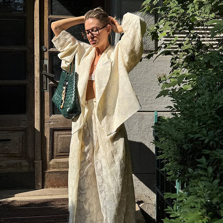 Women Two-Piece Jacquard Pants Set with Oversized Boxy Blazer and High-Cut Palazzo Pants Mune Fashion