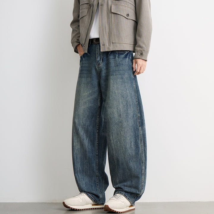 Men's Ultra Wide Relaxed-Fit Denim Jeans with Vintage Wash Mune Fashion