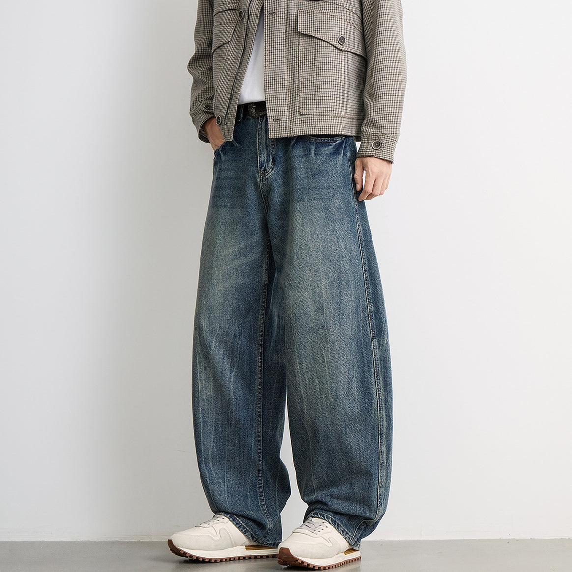 Men's wide balloon jeans with extra wide legs, low crotch, and authentic used wash Mune Fashion