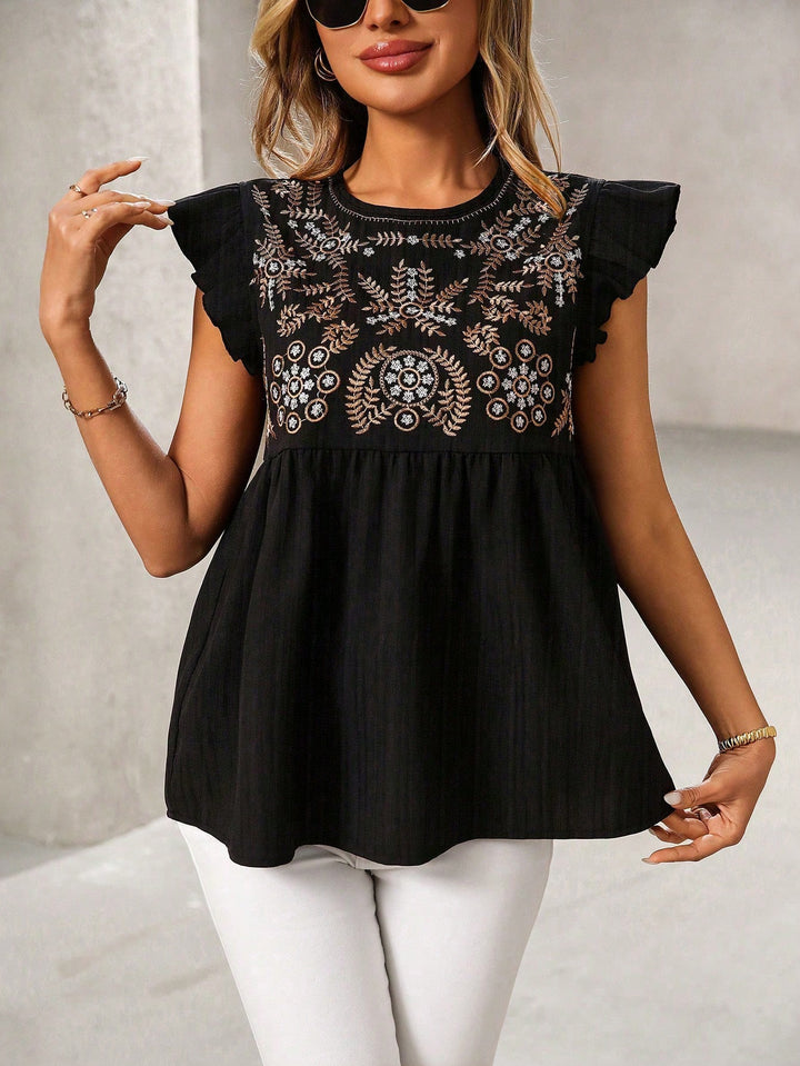 Women Loose Embroidered Babydoll Top with Ruffle Sleeves Mune Fashion