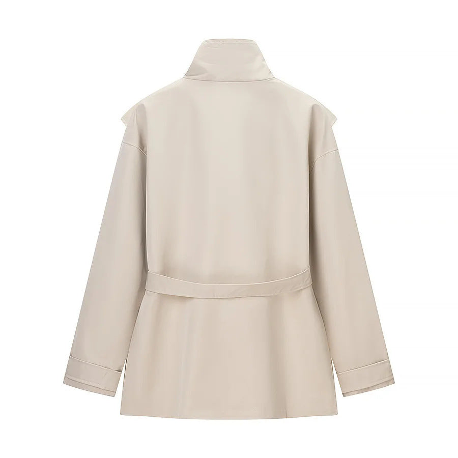 Women's cropped coat jacket with overlapping shawl collar, tie belt, and snap button placket Mune Fashion