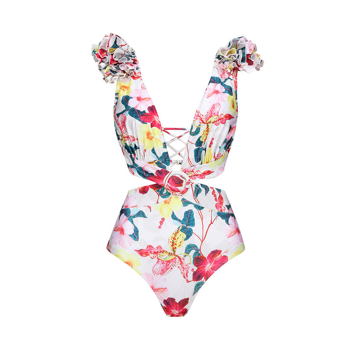 Women elegant floral swimsuit with wavy shoulder design Mune Fashion