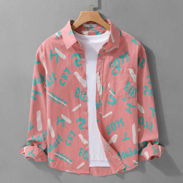 Men's Loose Cotton Overshirt with Graphic Allover Print and Kent Collar Mune Fashion