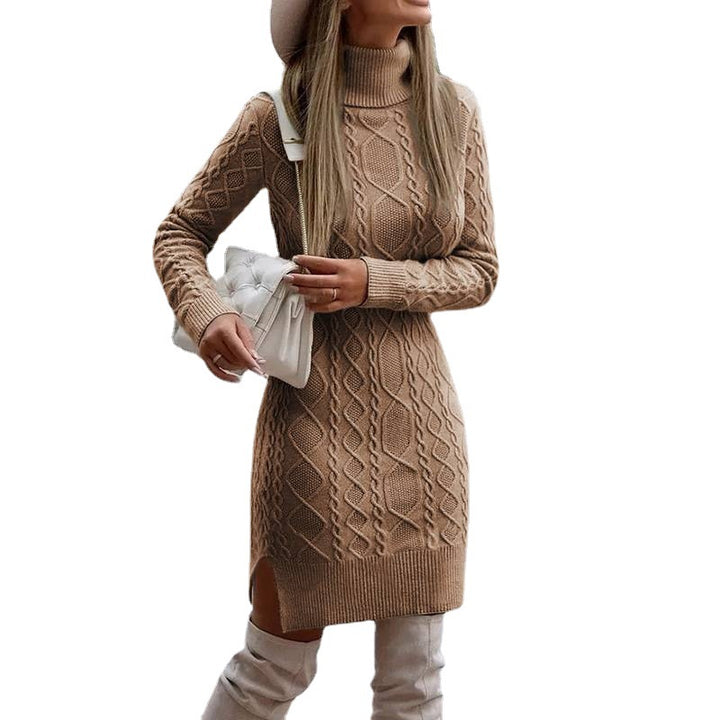 Women's figure-hugging knitted dress with roll neck, cable pattern, side slit and ribbed hem Mune Fashion