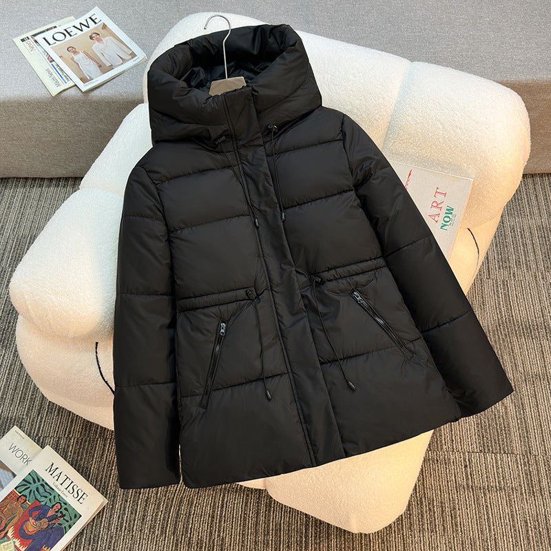 Women's Boxy Puffer Jacket with Padded Insulation, Stand Hood and Drawstrings Mune Fashion
