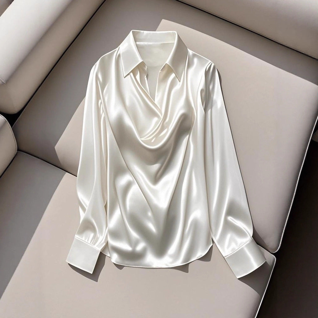 Women's Silk Blouse with Stylish Waterfall Neckline and Long Sleeves Mune