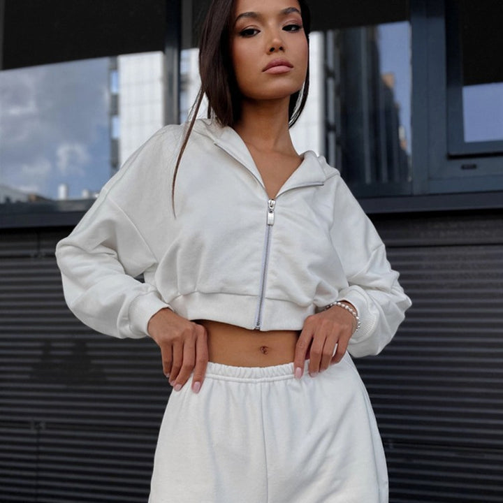Women's Cropped-Zipper-Hoodie with waist-high fringe shorts lounge set Mune Fashion