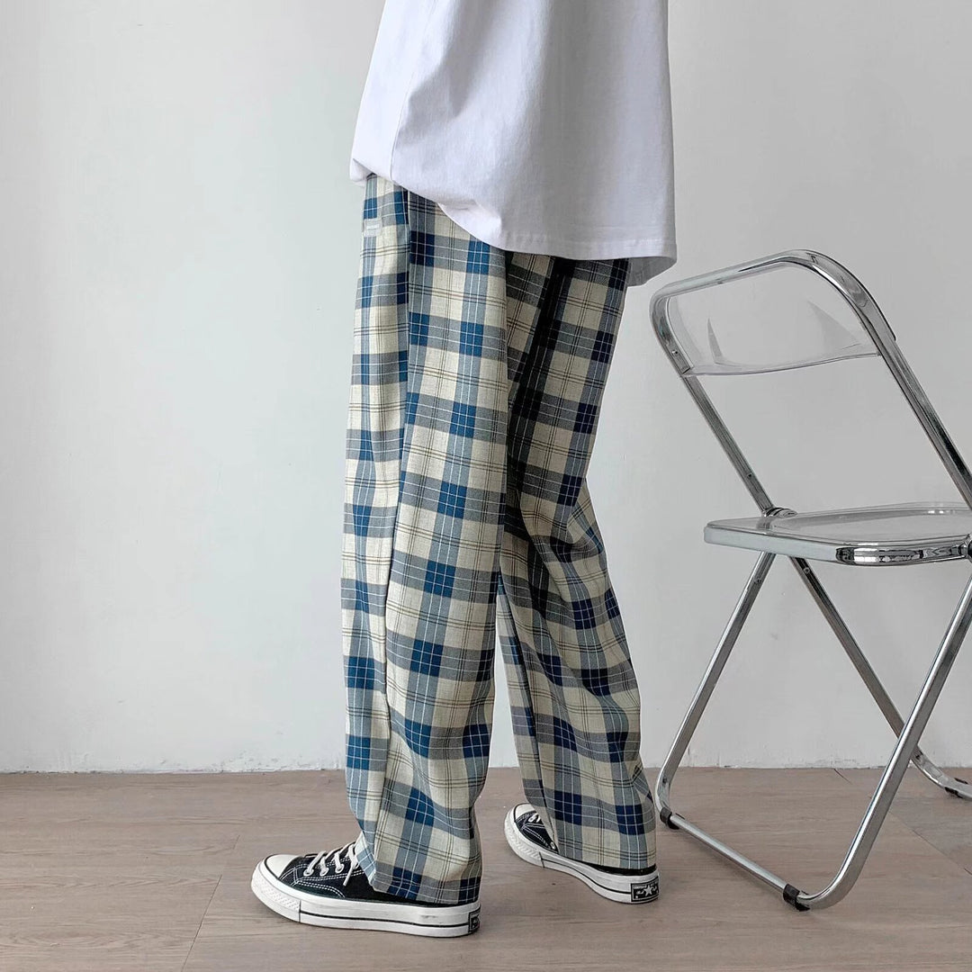 Men's Checkered Relaxed-Fit Pants with Drawstring and Straight Leg Mune Fashion